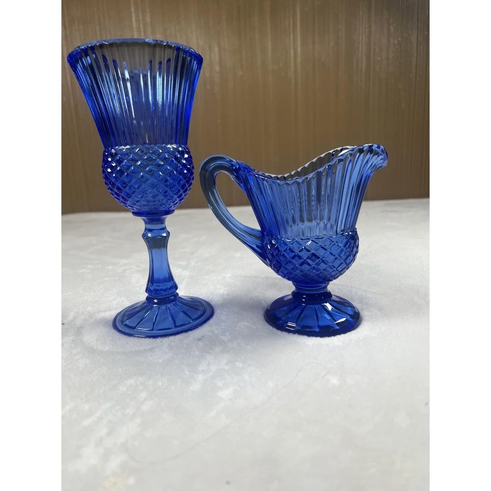 Cobalt Blue Pressed Glass Creamer & Sugar Set‎ Diamond Medallion Pattern